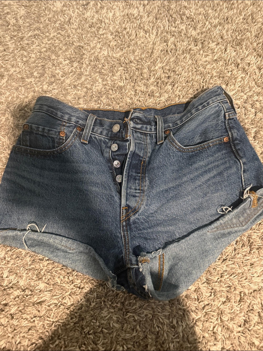 Levi's Medium Blue Distressed High-Rise Denim Cutoff Shorts